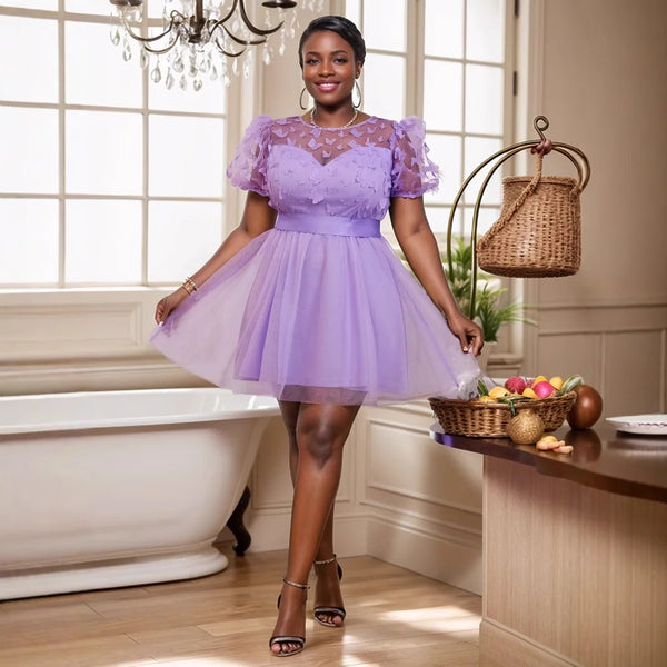 3D Butterfly Puff Sleeve Tulle A-Line Mini Dress in Purple