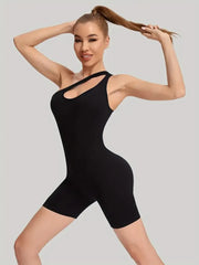 Black one-shoulder seamless sports bodysuit with snug smoothing fit