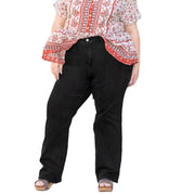 Black wide leg denim pants with elongating full-length silhouette
