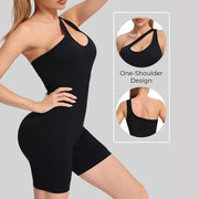 Women's seamless one-shoulder sports bodysuit with built-in shorts