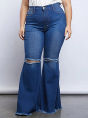 Blue washed distressed flared jeans, wide-leg cut