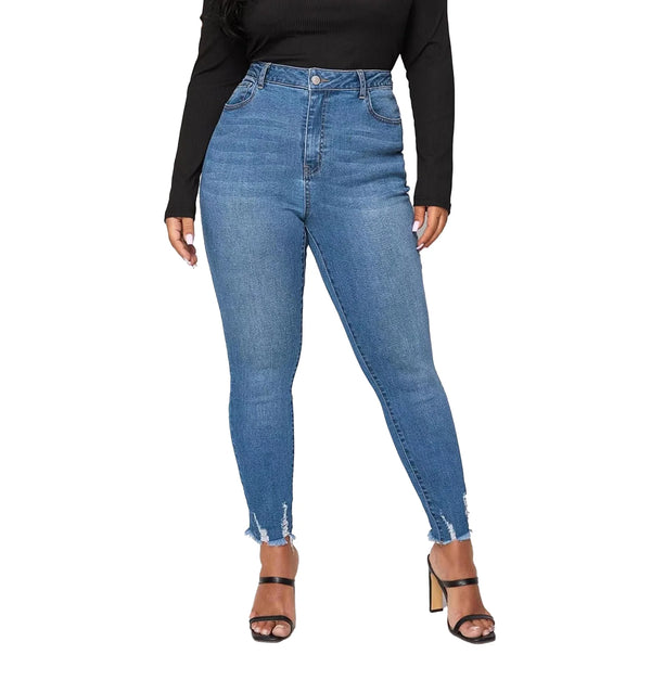 Mom Jeans for Women — Plus Size High-Waisted Blue Skinny Jeans with Frayed Hem