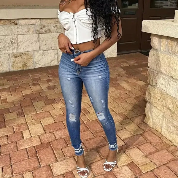 Ripped High-Stretch Pencil Denim Skinny Jeans