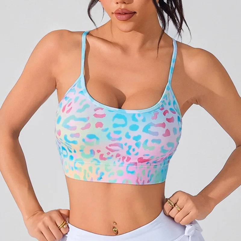Women's Floral Print Crisscross Spaghetti Straps Sports Bra High Support Backless Breathable Yoga Tank Top for Fitness Running