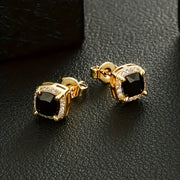 Unisex square black CZ studs with warm gold-plated finish