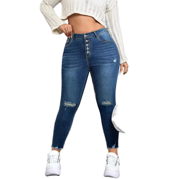 Women's Plus Size Ripped Skinny Jeans — Mid-Waist Button-Fly Denim Pen