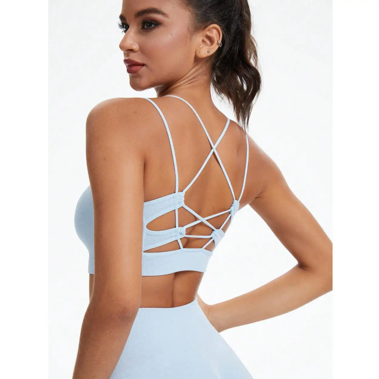 Women's Seamless Breathable Yoga 2 Piece Sets High Support Crisscross Straps Backless Sports Bra Butt Lifting Pants