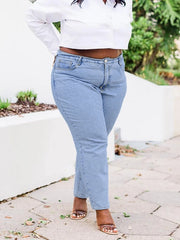 Light blue vintage-wash straight-leg jeans with high waist rise