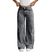 High-waist gray wide-leg jeans for women, plus-size denim