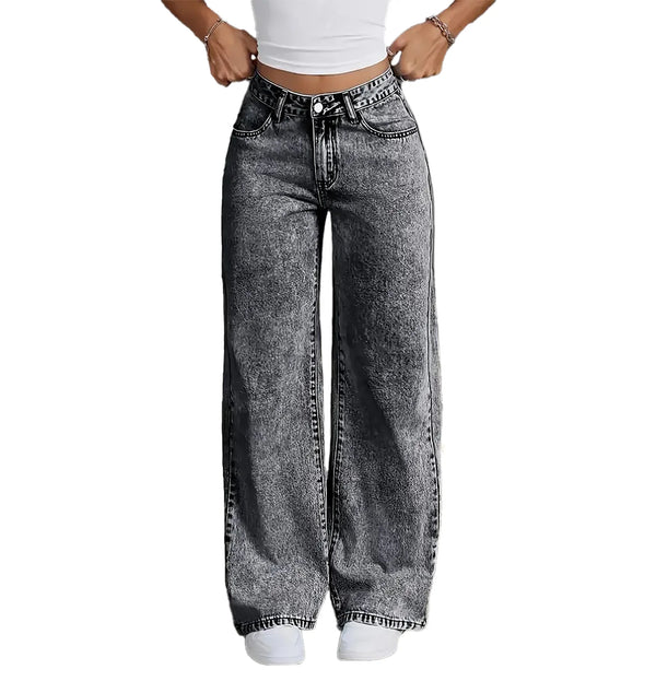 Gray Acid Wash High-Waist Wide-Leg Denim Jeans with Plus Size Fit