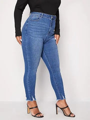 Blue pencil-leg skinny jeans with on-trend frayed hem