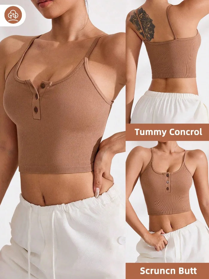 Women's Summer Sleeveless Yoga Top American Style Buttons Small Camisole Vest