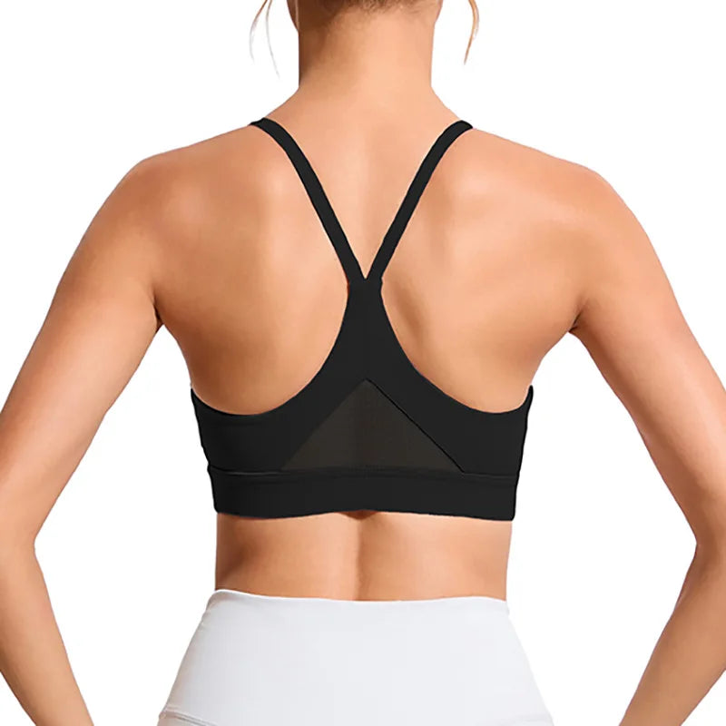 Black Maanga Y-back sports bra with high-support shockproof design