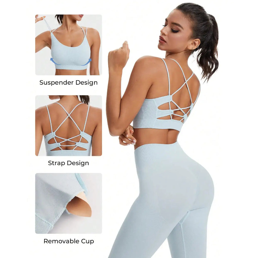 Women's Seamless Breathable Yoga 2 Piece Sets High Support Crisscross Straps Backless Sports Bra Butt Lifting Pants