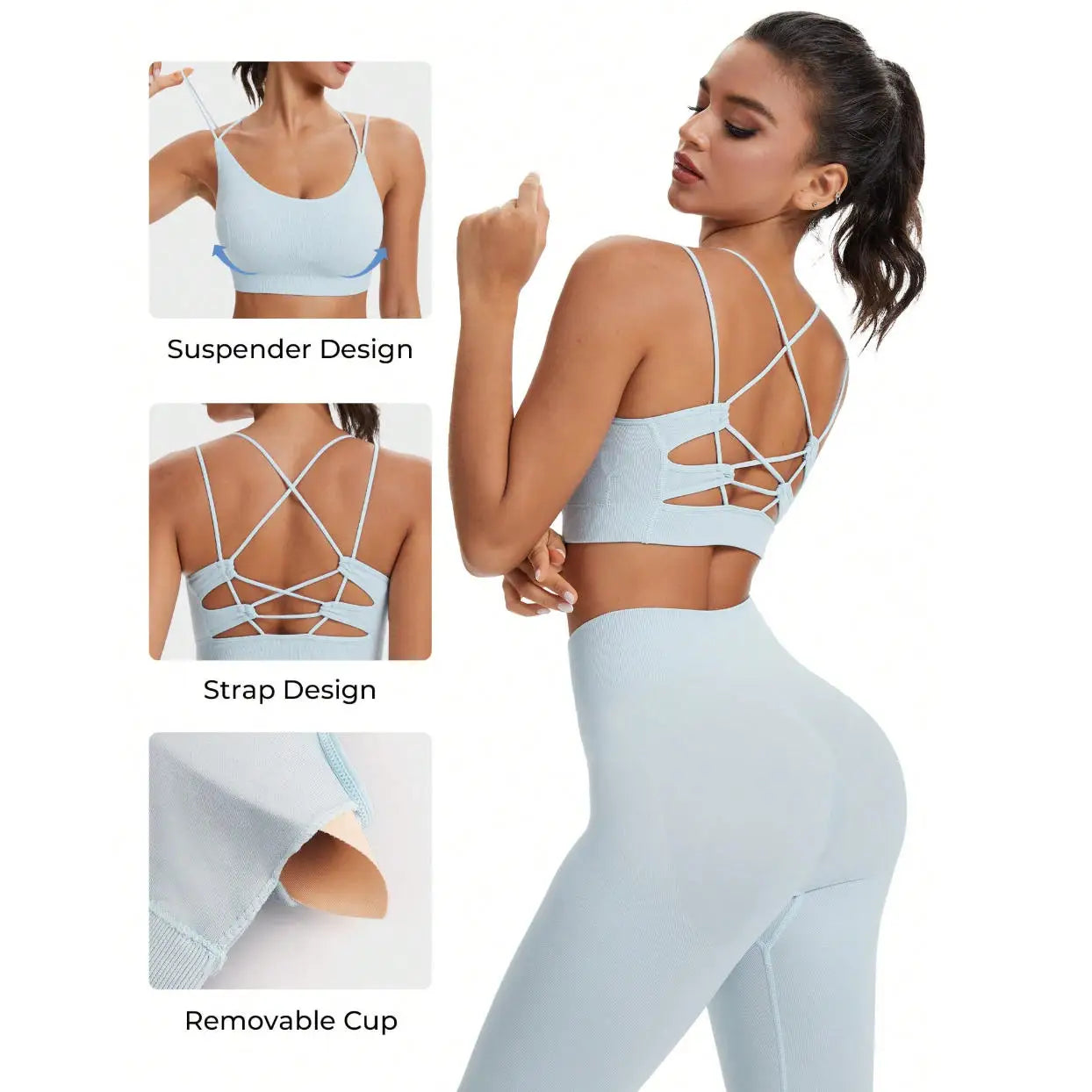 Women's Seamless Breathable Yoga 2 Piece Sets High Support Crisscross Straps Backless Sports Bra Butt Lifting Pants