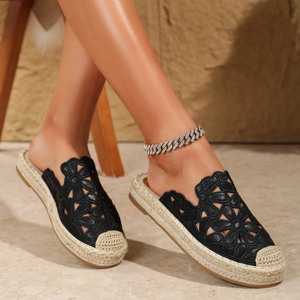 Black Sandals for Women — Hollow Straw-Look Fisherman Flats, Slip-On Summer Shoes