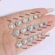 Moissanite halo studs with 14K gold plating and flower cluster styling