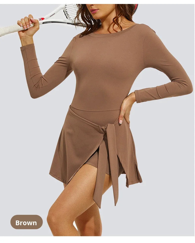 Women's Long Sleeve Slim-Fit One-Piece Tennis Golf Skirt Breathable Anti-Exposure Yoga Fitness Sports Skorts