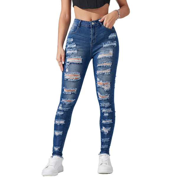 Ripped Blue Stretch Denim Skinny Jeans
