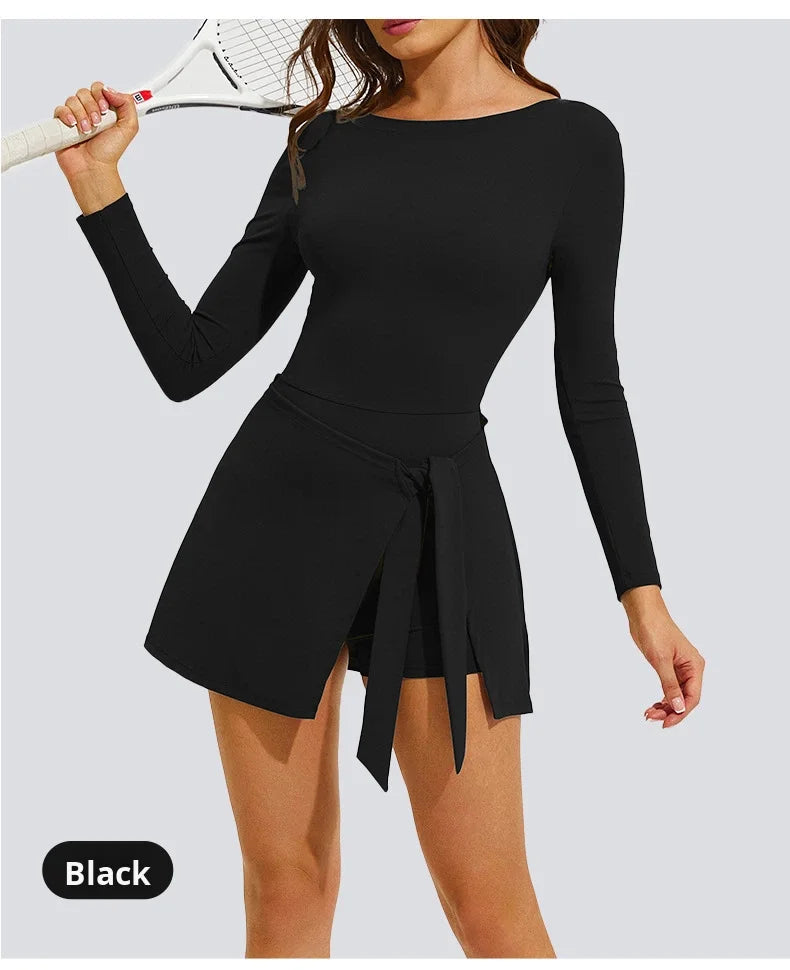 Women's Long Sleeve Slim-Fit One-Piece Tennis Golf Skirt Breathable Anti-Exposure Yoga Fitness Sports Skorts