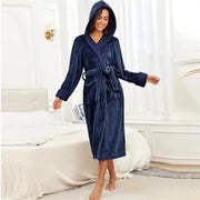 Hooded lounge robe featuring attached hood for cozy warmth