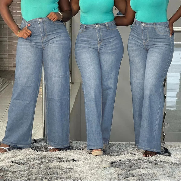 Light Blue High-Waist Wide-Leg Stretch Mom Jeans