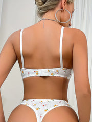 Embroidered 2-piece lace lingerie with adjustable straps and back-hook closure