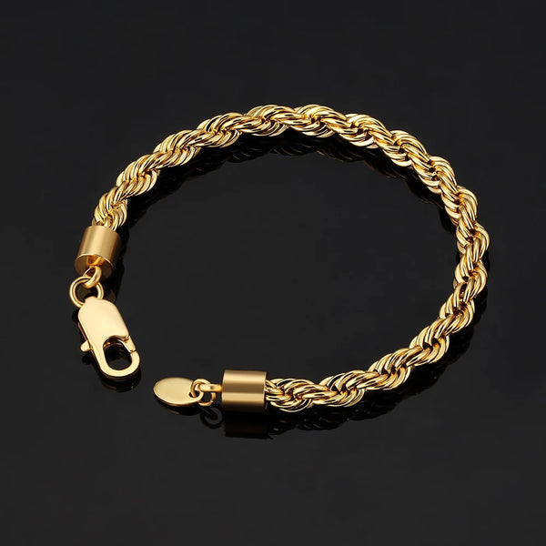 Gold Bracelets 6mm 18k Twist Rope Chain — Tarnish-Free Stainless Steel