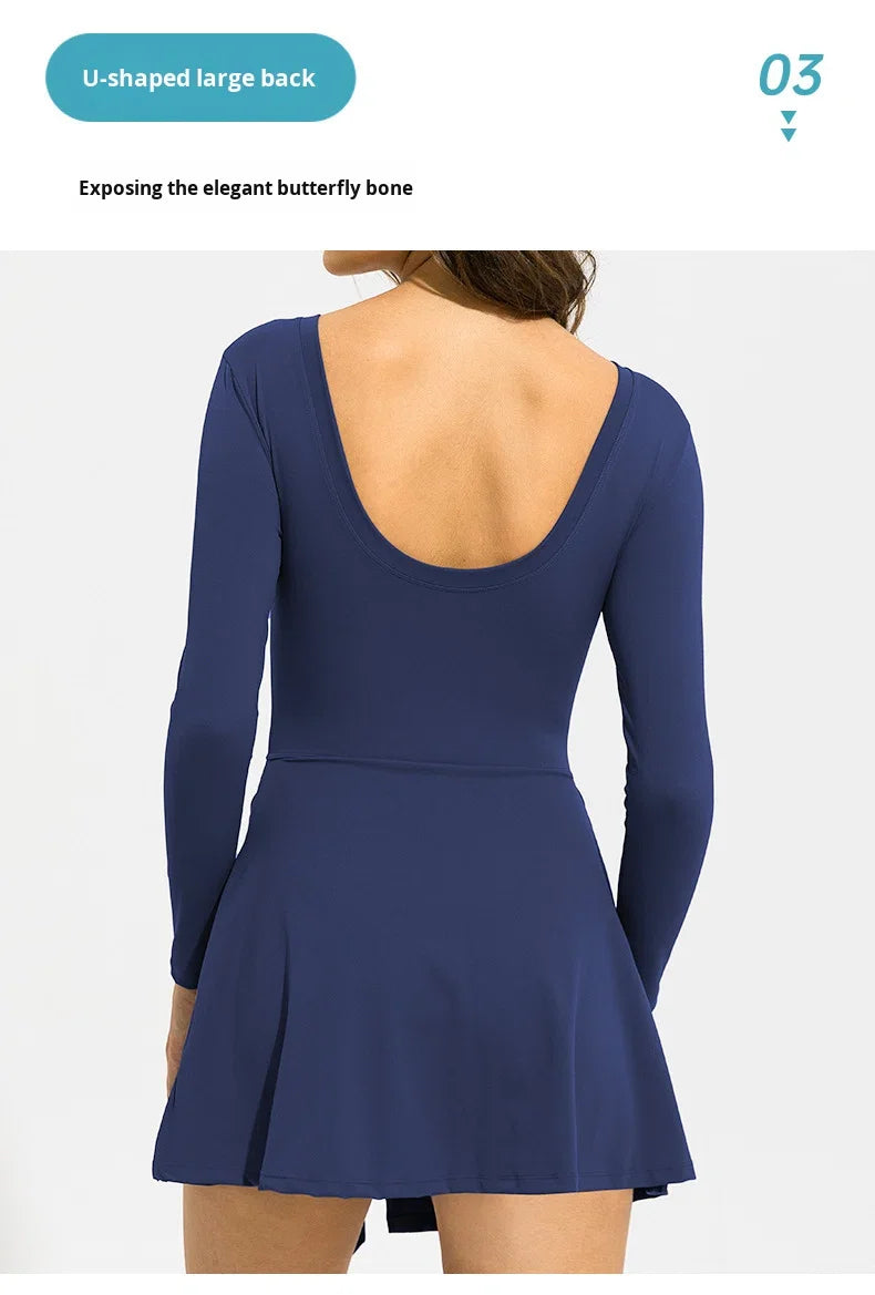 Women's Long Sleeve Slim-Fit One-Piece Tennis Golf Skirt Breathable Anti-Exposure Yoga Fitness Sports Skorts