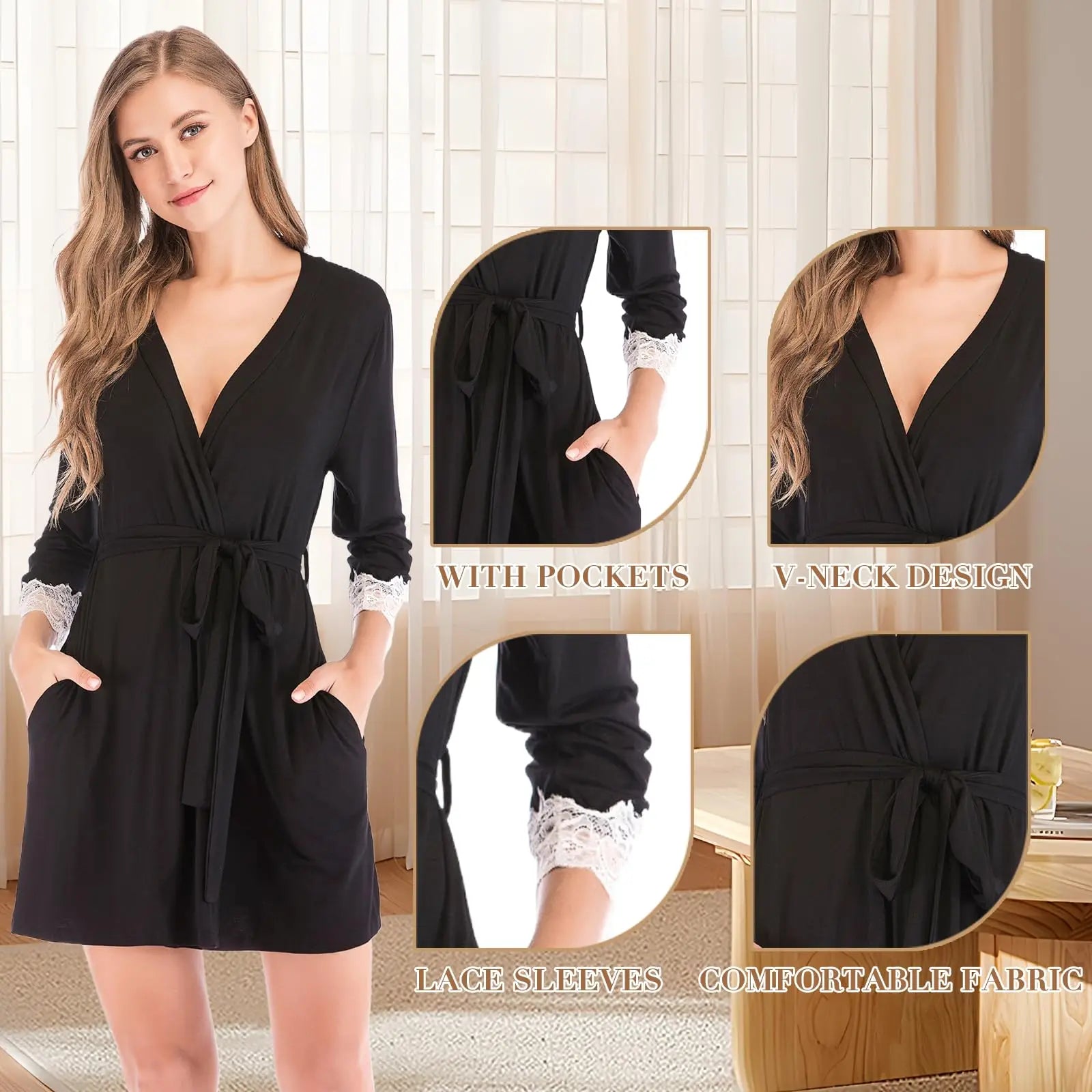 Luxury Adult Sleepwear Night Gown and Robe Black Lace Robe Cotton Bathrobe