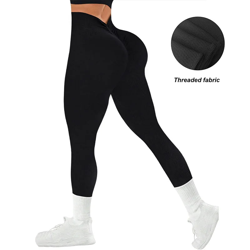 Women's V High Waist Seamless Yoga Pants Skinny Butt Lifting Quick Dry Threaded Sports Leggings