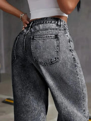 Plus-size high-waist gray jeans, soft polyester-cotton denim