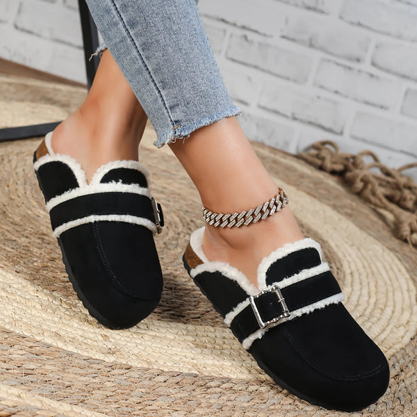 Black Shoe Slippers for Women — Warm Fleece-Lined Bohemian Home Shoes