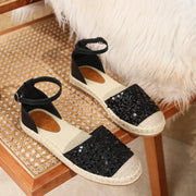 Black sequined fisherman sandals, flat round-toe beach shoes
