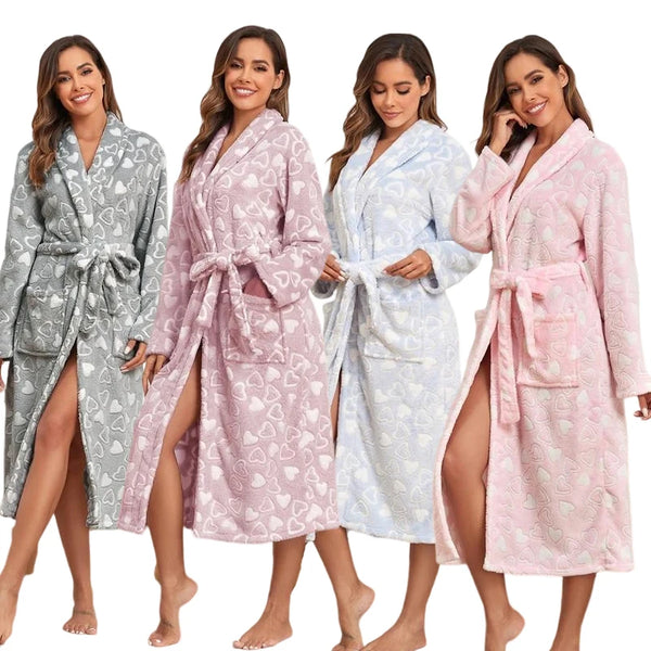 Oversized Hooded Robe — Long Microfiber Love-Print Sleepwear for Women