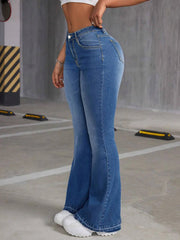 Blue stretchy denim bootcut jeans in classic stone wash finish