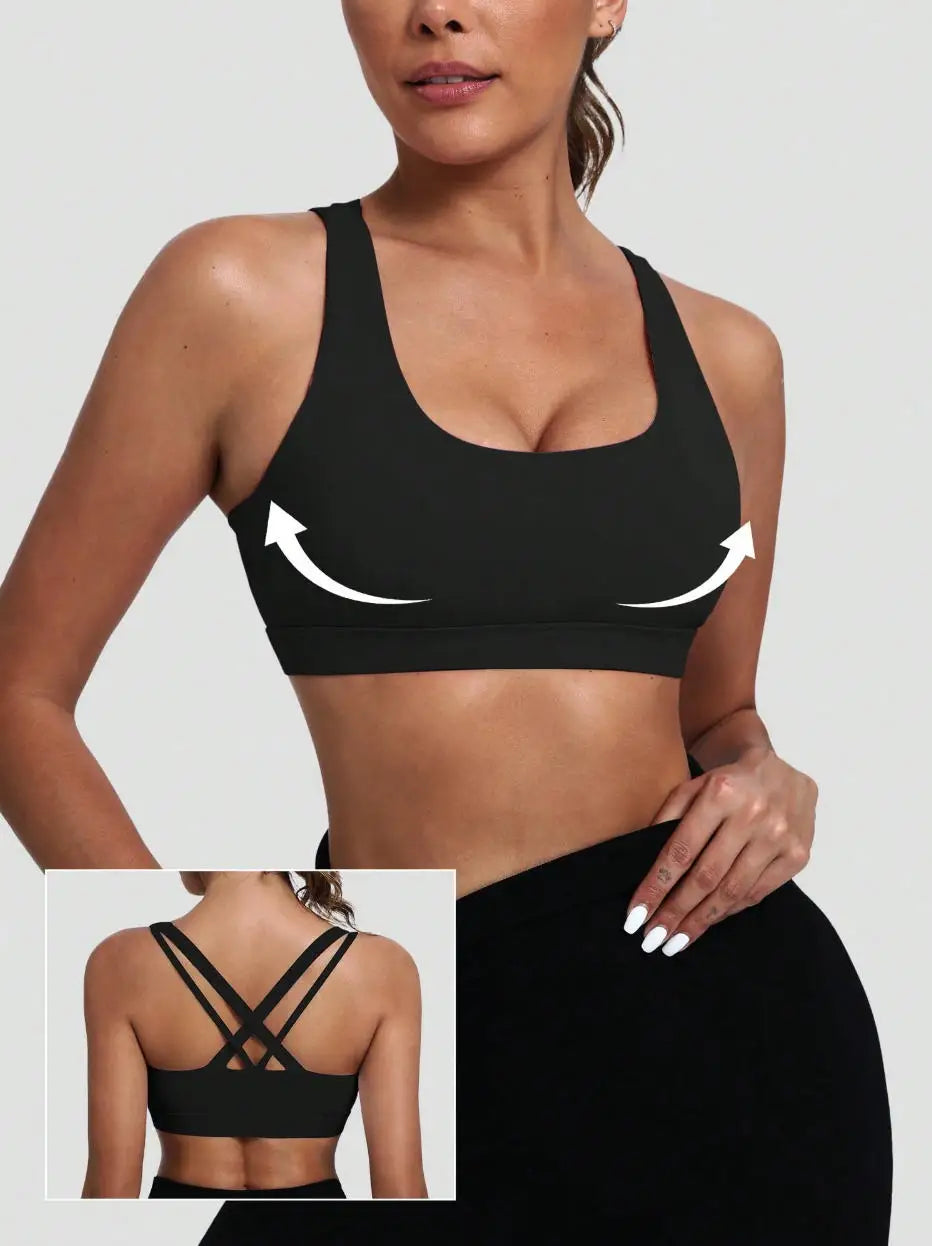 Women's Sports Bra with Medium Support Cross Back Padded Strappy Design Removable Cups Breathable Yoga Bra
