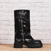 Women's PU knee-high boots with round toe and grippy thick outsole