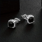 Silvery square black CZ stud earrings with polished sparkle