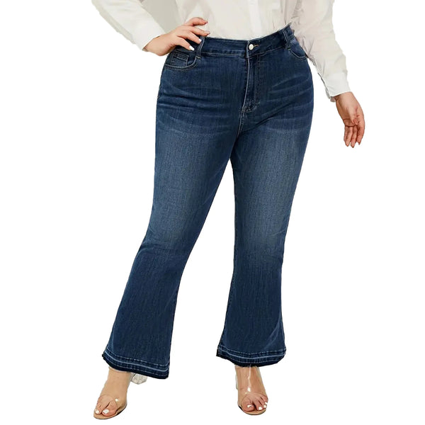 Dark Blue Mid-Waist Stretch Denim Flare Jeans