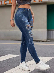 Ripped stretch denim jeans with medium stone-wash finish