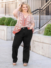 Plus size black denim pants in lightweight poly-cotton blend