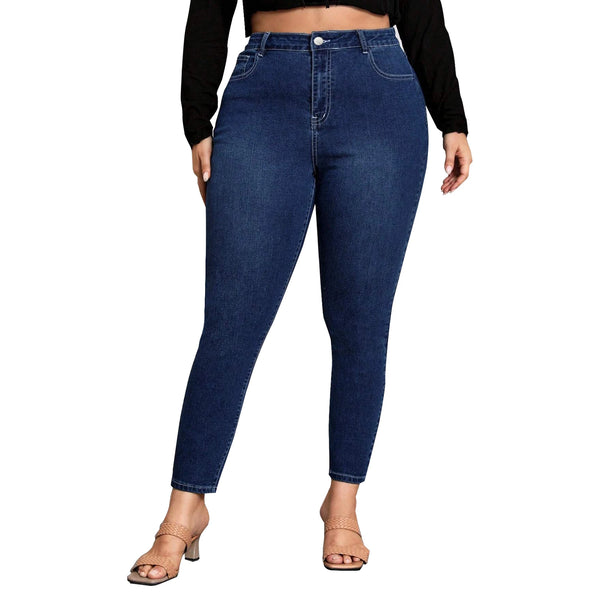 Dark Blue Denim Plus Size High Waist Skinny Jeans