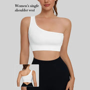 Seamless one-shoulder sports tank top with crop-length cut for yoga and running