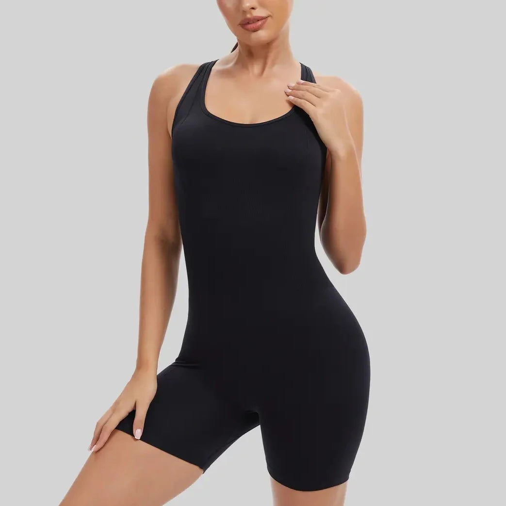 Black cross-back workout bodysuit, seamless quick-dry one-piece