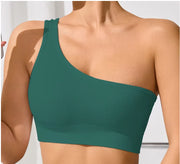 Dark Green one-shoulder crop workout tank, quick-dry fabric