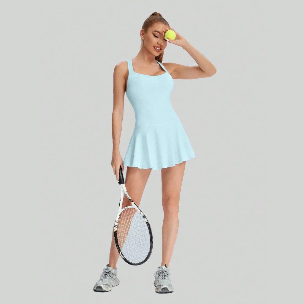Women's Breathable Seamless Tennis Dress With Built-In Shorts Anti-Chafing Anti-Exposure One Piece Tennis Wear