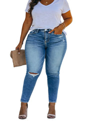 Light Blue Ripped Skinny Jeans with high-waist plus-size denim fit
