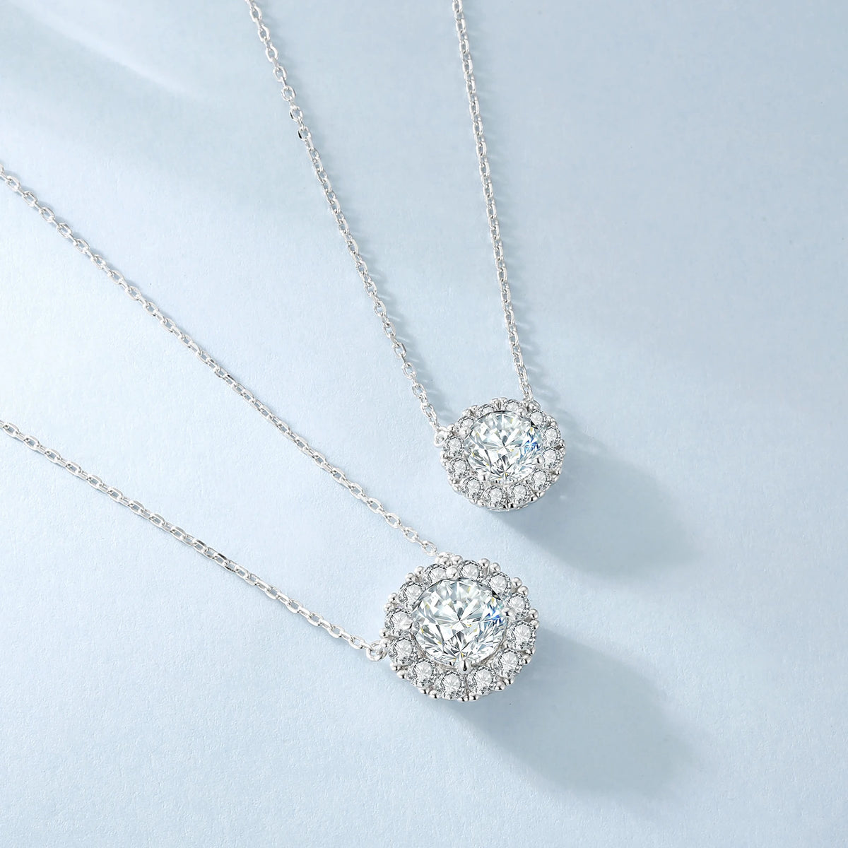 Moissanite halo pendant necklace in 925 sterling silver with round brilliant center stone