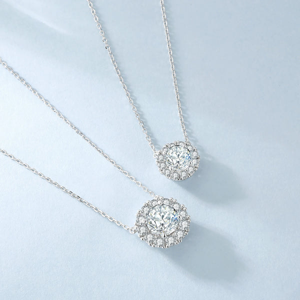Diamond Necklace — Moissanite Halo Pendant in 925 Sterling Silver